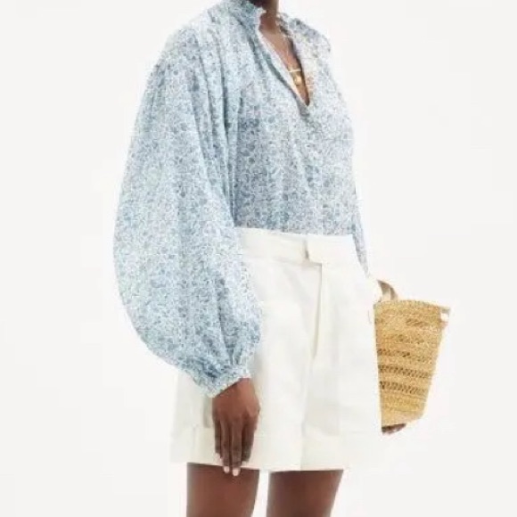 Thierry Colson Tops - Thierry Colson Slava Gathered Floral Print Cotton Poplin Blouse - Orange